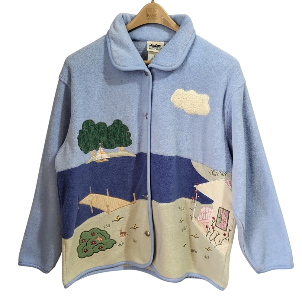Vtg Northern Reflections Fleece Cardigan Sweater XL Beach Coastal Grandma Core
